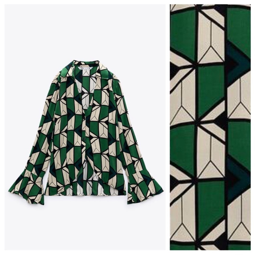 Zara Green Black Cream Geometric Printed Collared V-neckline Blouse Size Large - Picture 2 of 16